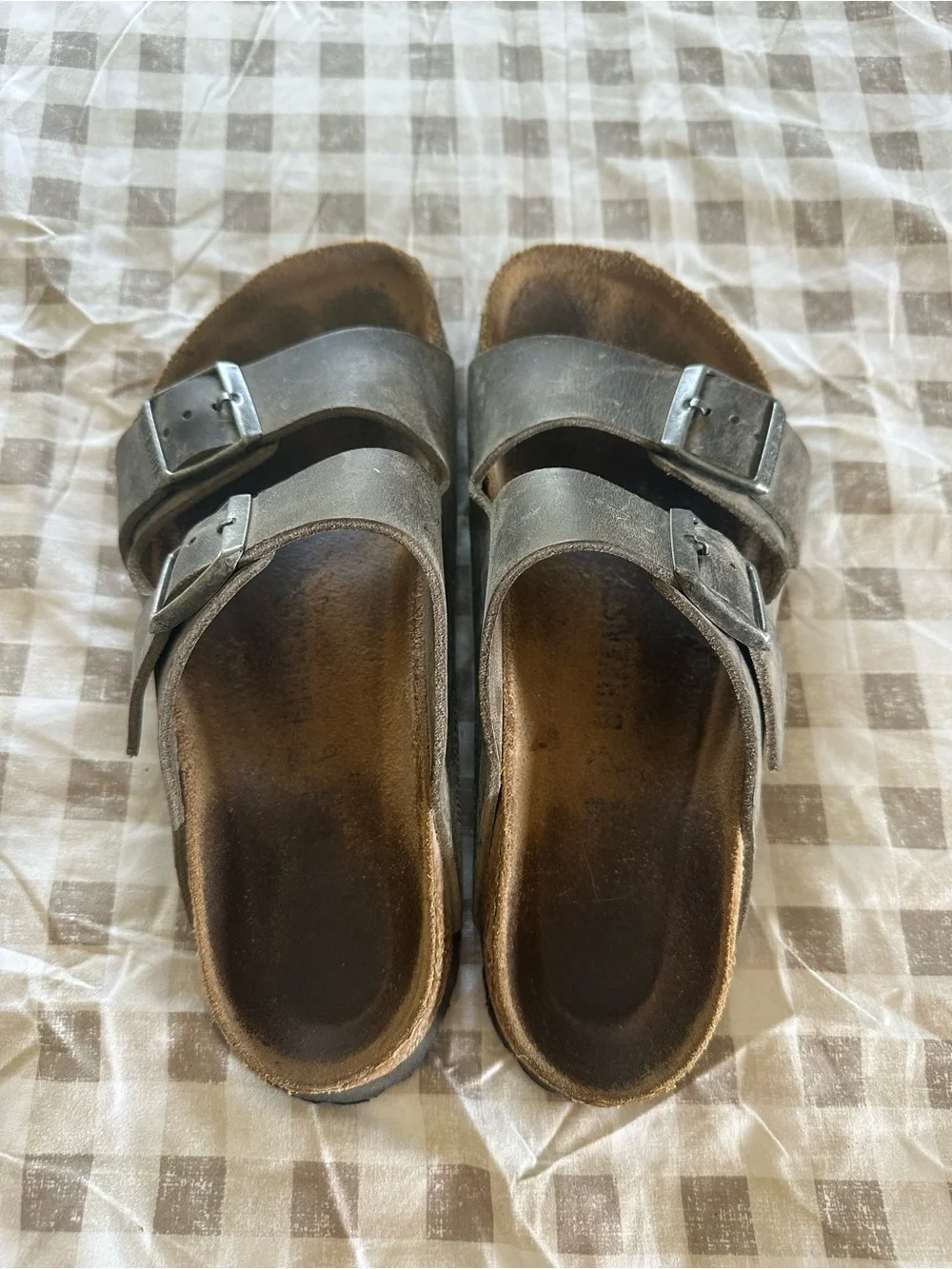 Birkenstock Gray Double Buckle Leather Slide Sandals